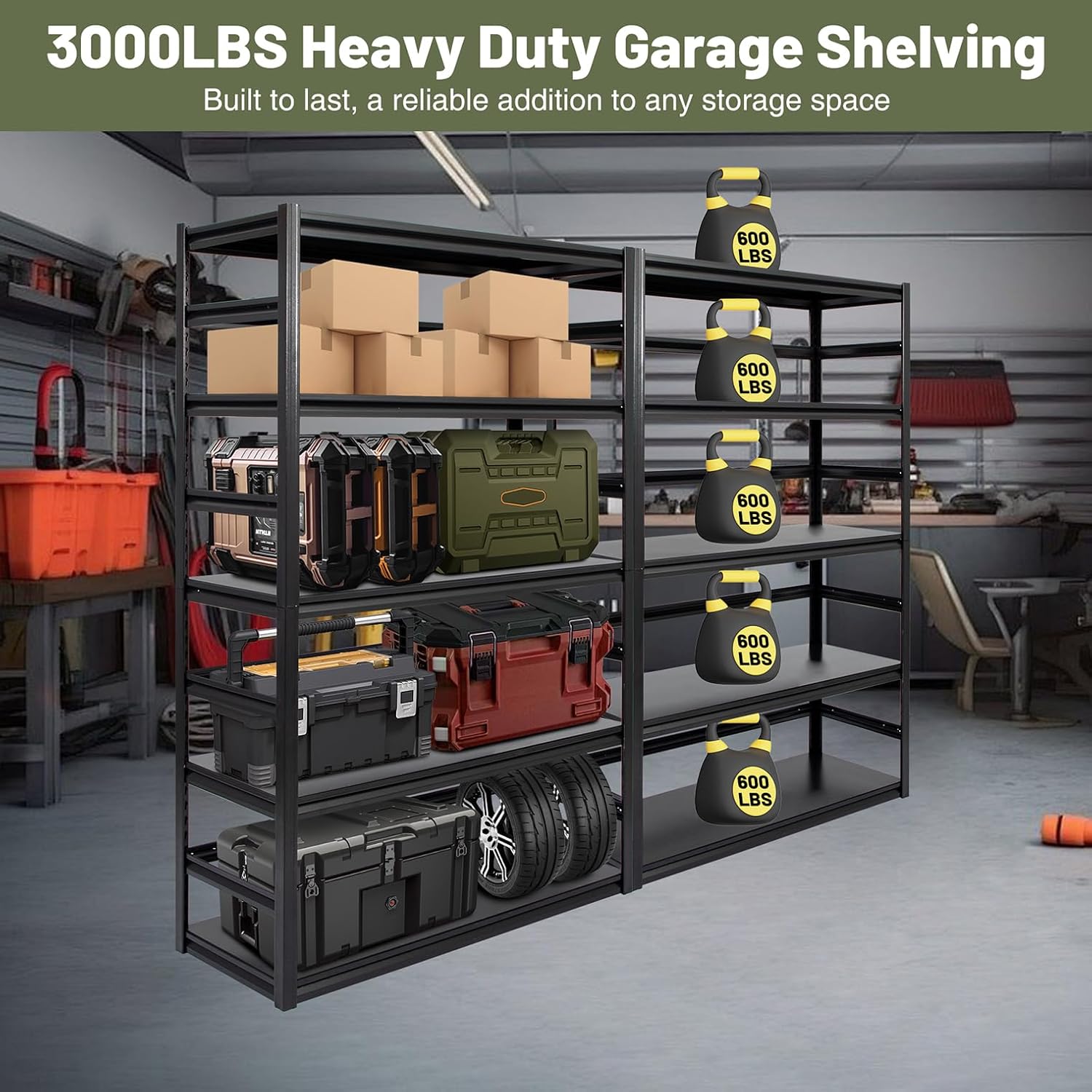 87"H Heavy-Duty Garage Shelving - 3000 lbs Total Capacity