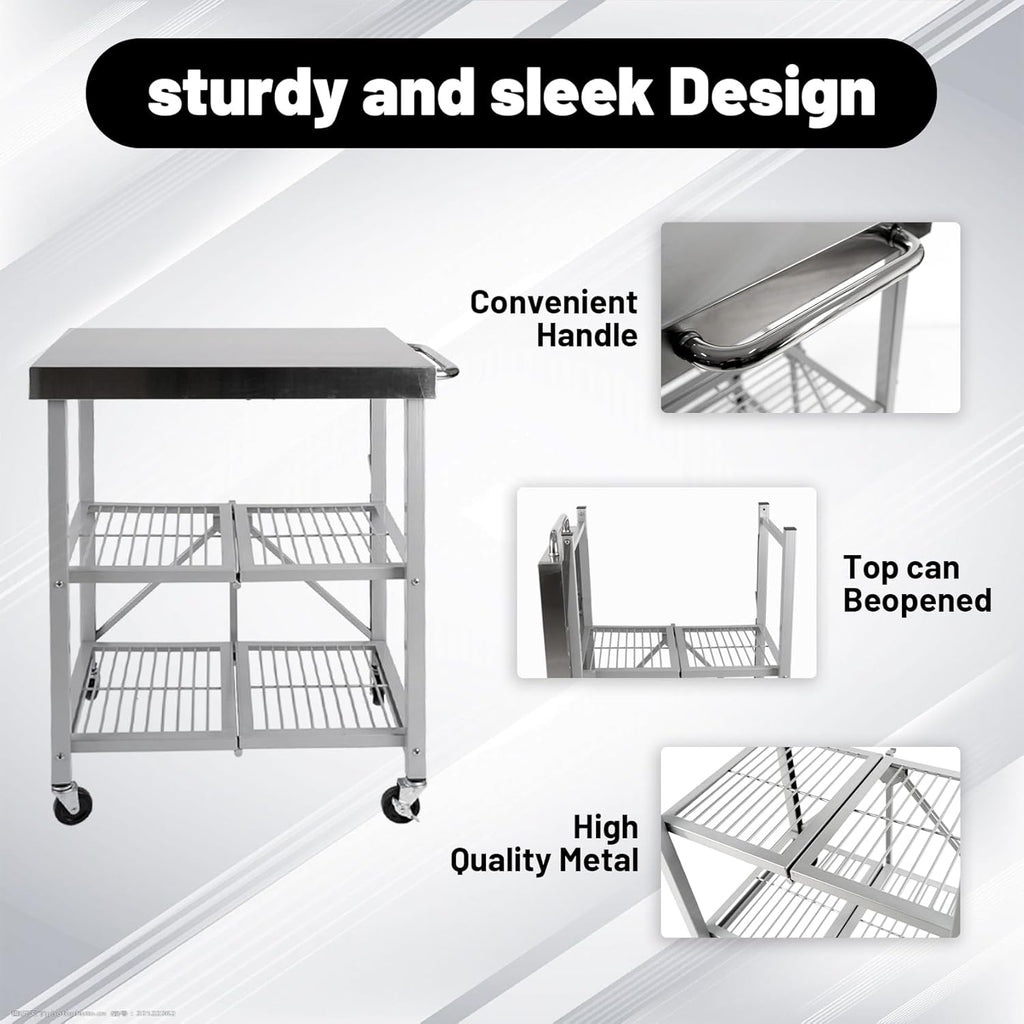 3-Tier Foldable Stainless Steel Cart - 300 lbs Capacity