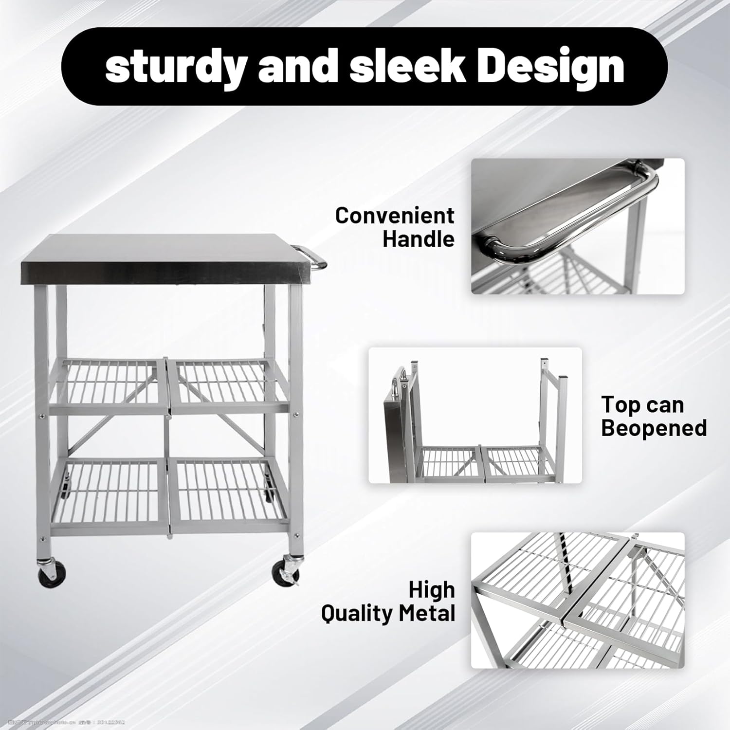 3-Tier Foldable Stainless Steel Cart - 300 lbs Capacity