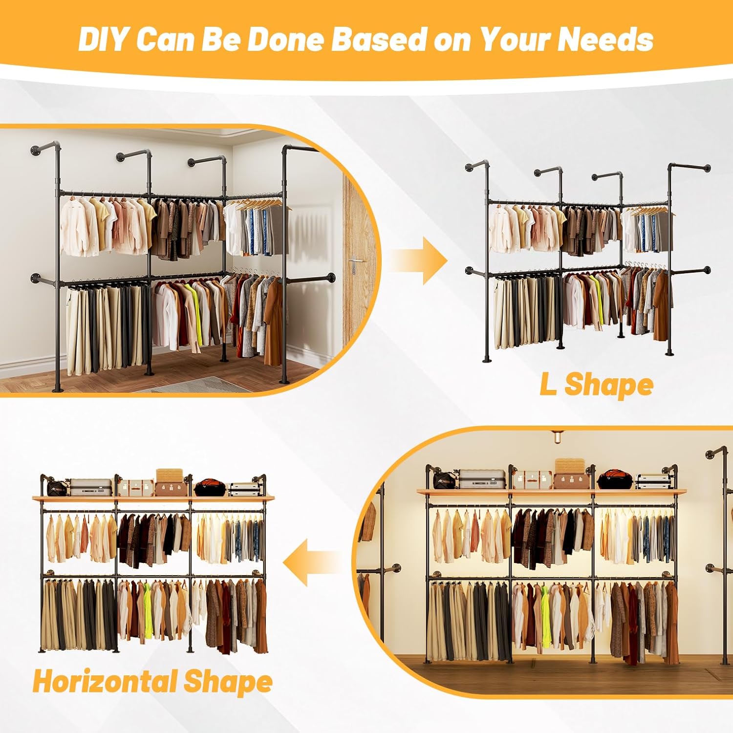 79.7" Industrial Pipe Clothing Rack - Built-in RGB LED Lights