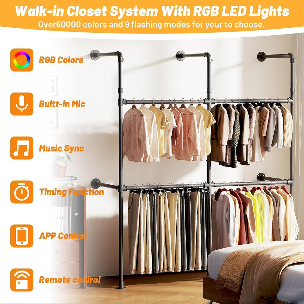 79.7" Industrial Pipe Clothing Rack - Built-in RGB LED Lights