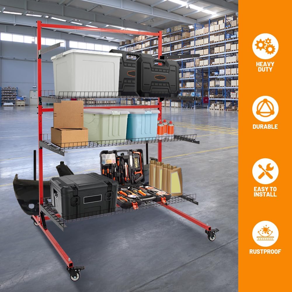 3-Tier Mobile Auto Body Parts Cart - Rolling Storage Rack