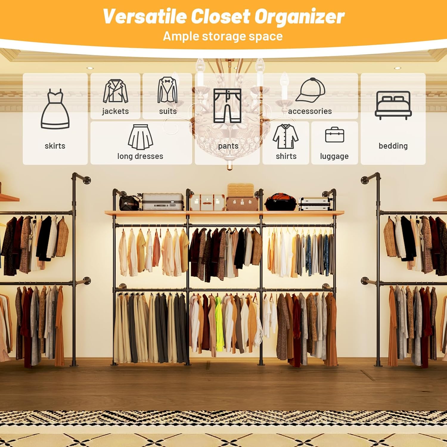 79.7" Industrial Pipe Clothing Rack - Built-in RGB LED Lights