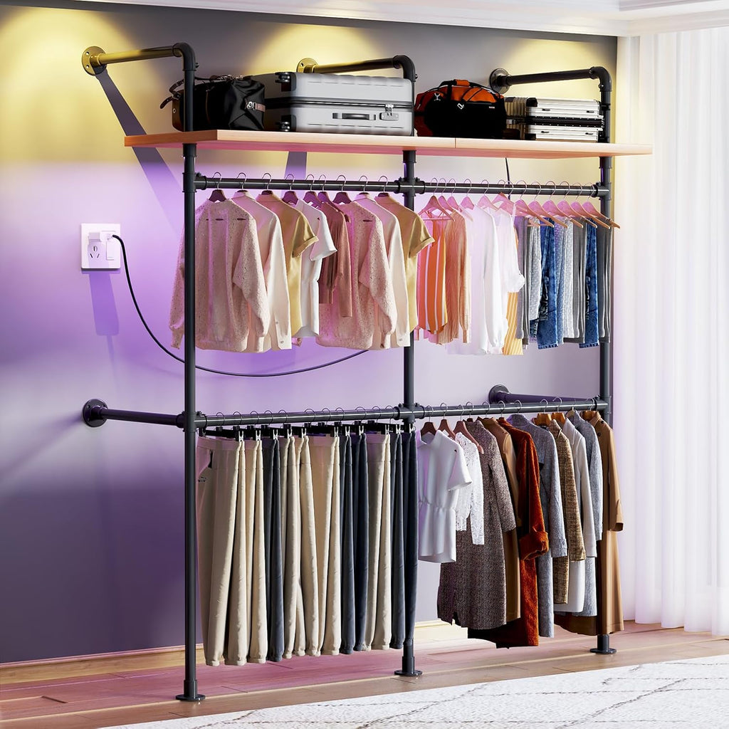 79.7" Industrial Pipe Clothing Rack - Built-in RGB LED Lights