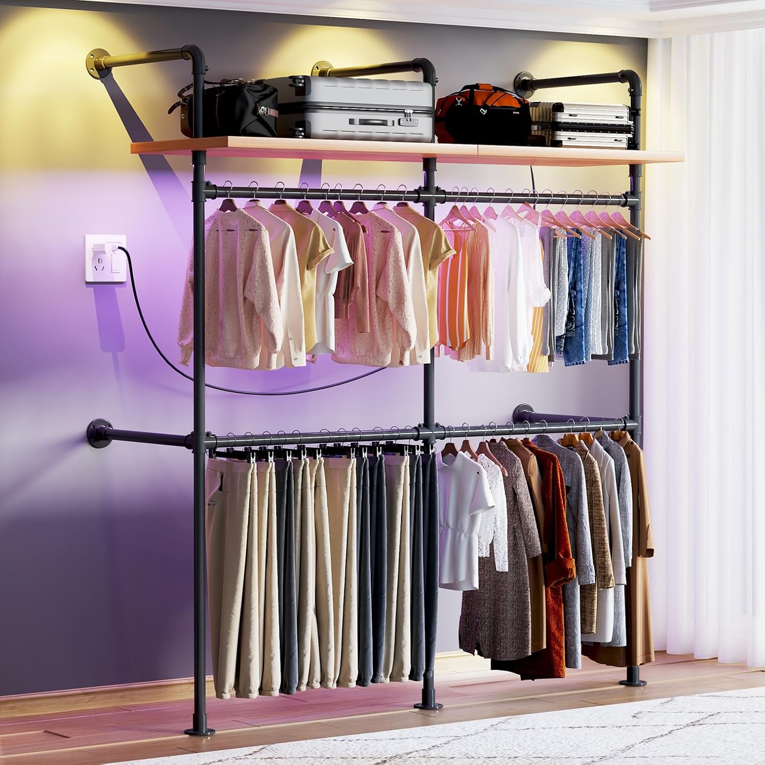 79.7" Industrial Pipe Clothing Rack - Built-in RGB LED Lights