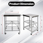 3-Tier Foldable Stainless Steel Cart - 300 lbs Capacity