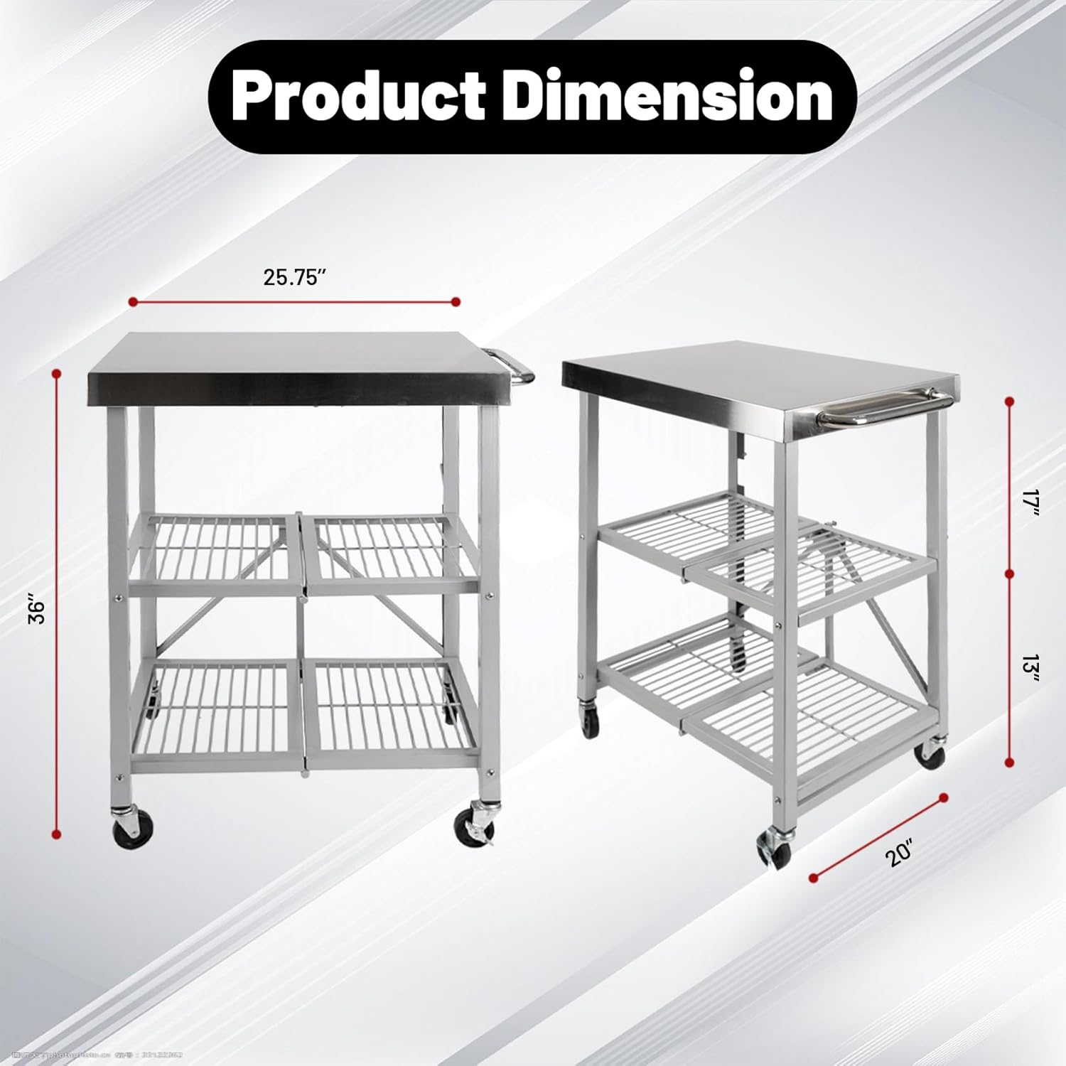 3-Tier Foldable Stainless Steel Cart - 300 lbs Capacity