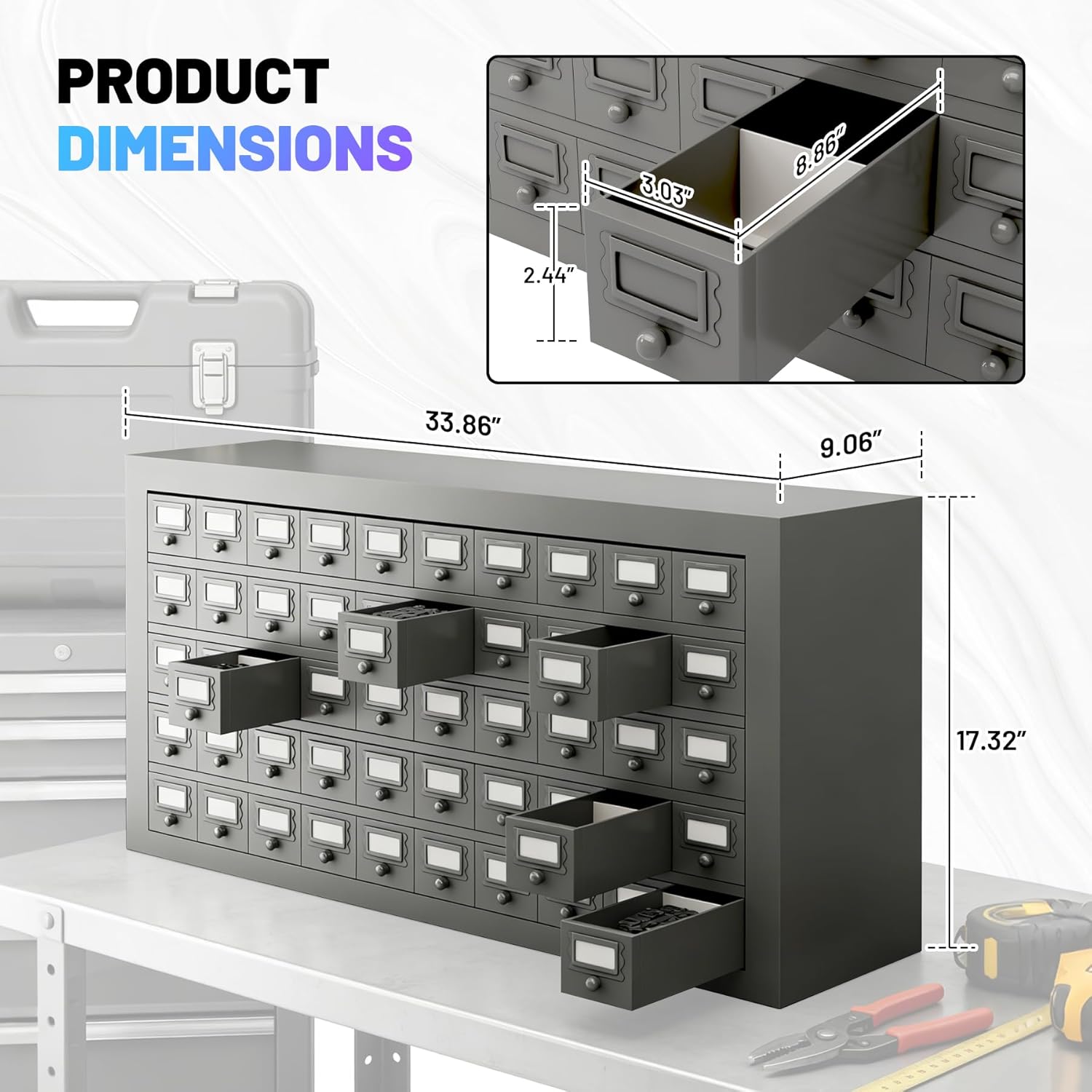 50-Drawer Metal Parts Cabinet - Gray Steel Tool Organizer