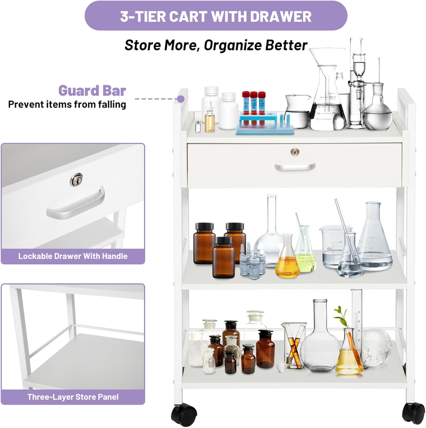 3-Tier Medical Lab Trolley - Professional Utility Station with Drawer
