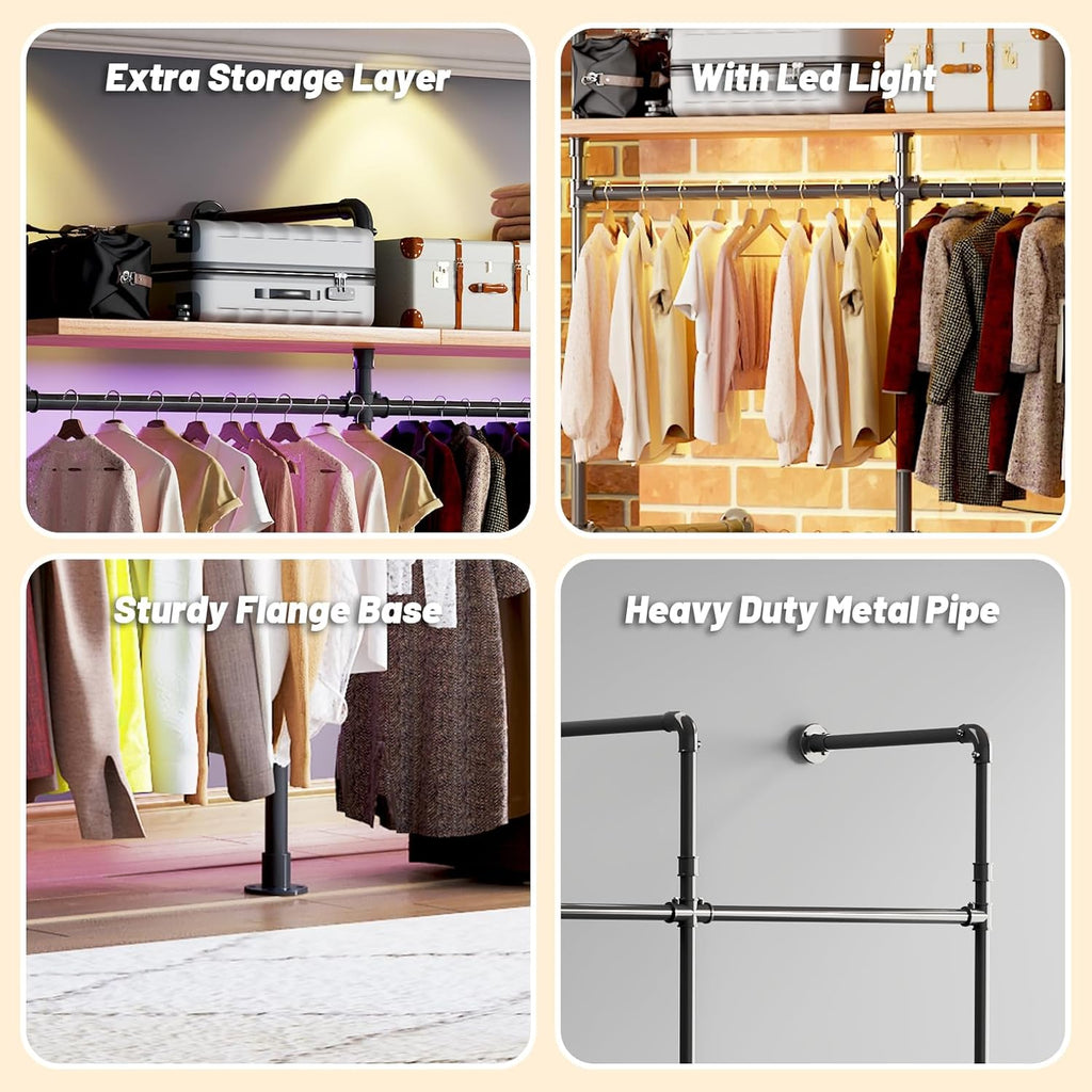 79.7" Industrial Pipe Clothing Rack - Built-in RGB LED Lights