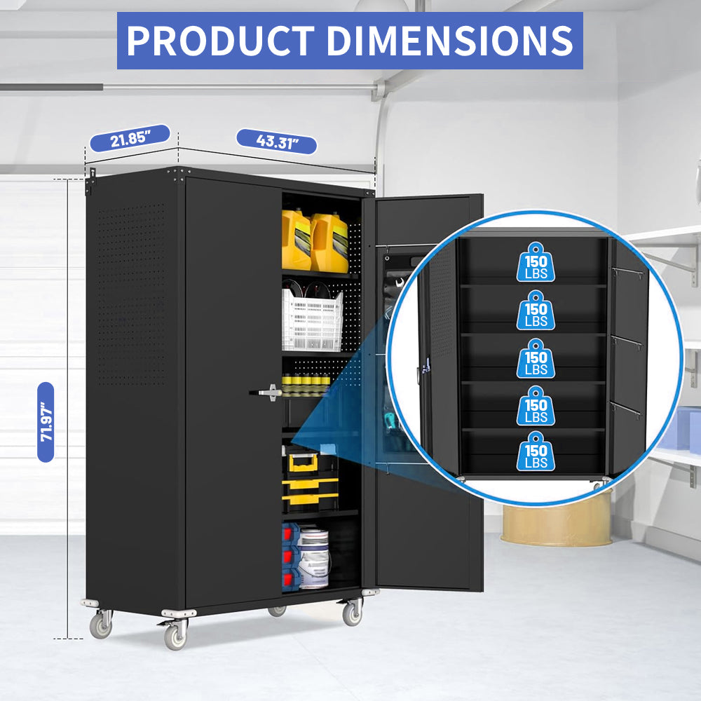 72"H Rolling Metal Storage Cabinet - With Pegboards & Shelves
