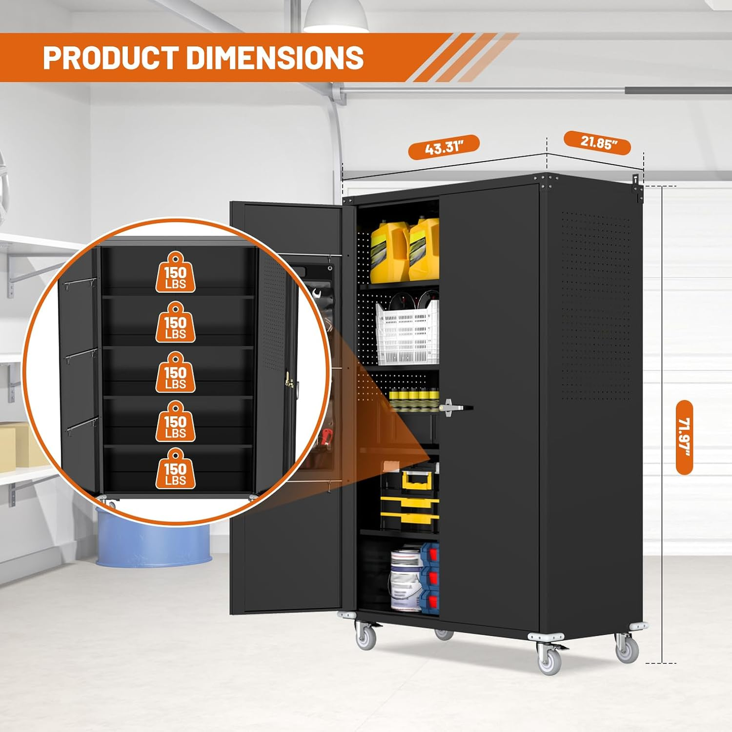 72" H Wide & Deep Garage Storage Cabinet with Wheels & Pegboards, Locking Metal Storage Cabinet with Doors and 4 Adjustable Shelves