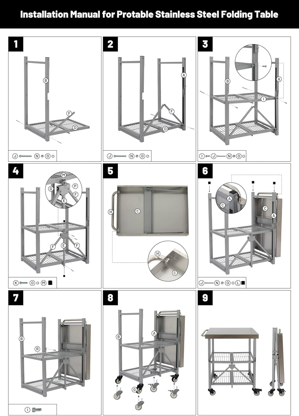 3-Tier Foldable Stainless Steel Cart - 300 lbs Capacity