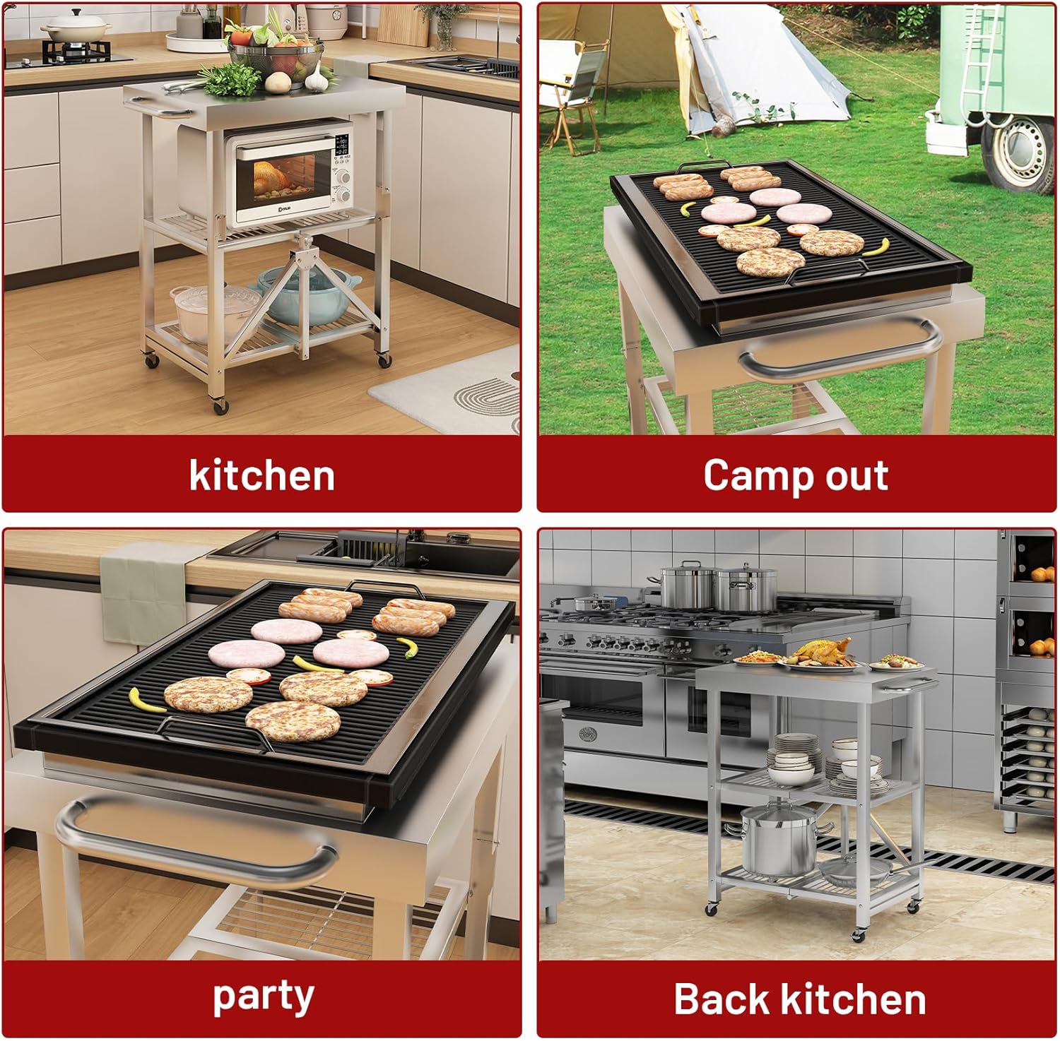 3-Tier Foldable Stainless Steel Cart - 300 lbs Capacity