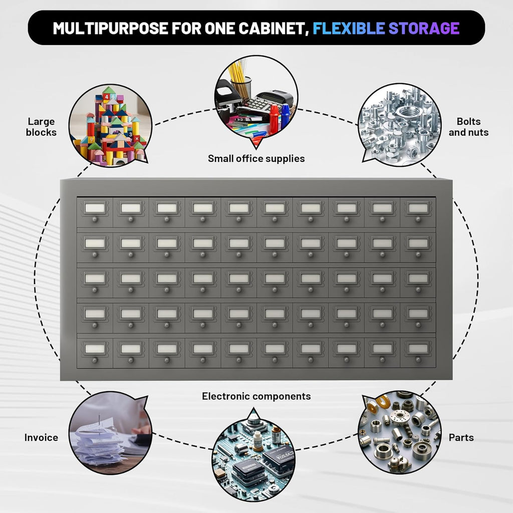 50-Drawer Metal Parts Cabinet - Gray Steel Tool Organizer