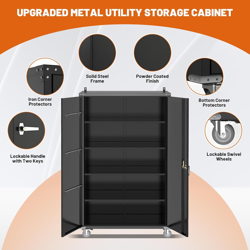 72"H Rolling Metal Storage Cabinet - With Pegboards & Shelves