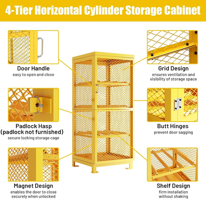 30"L x 30"W x 70"H Steel/Iron Horizontal Cylinder Storage Cabinet, 8 Cylinder Capacity, 4-Tier Propane Storage Cage with Lockable Single Doors