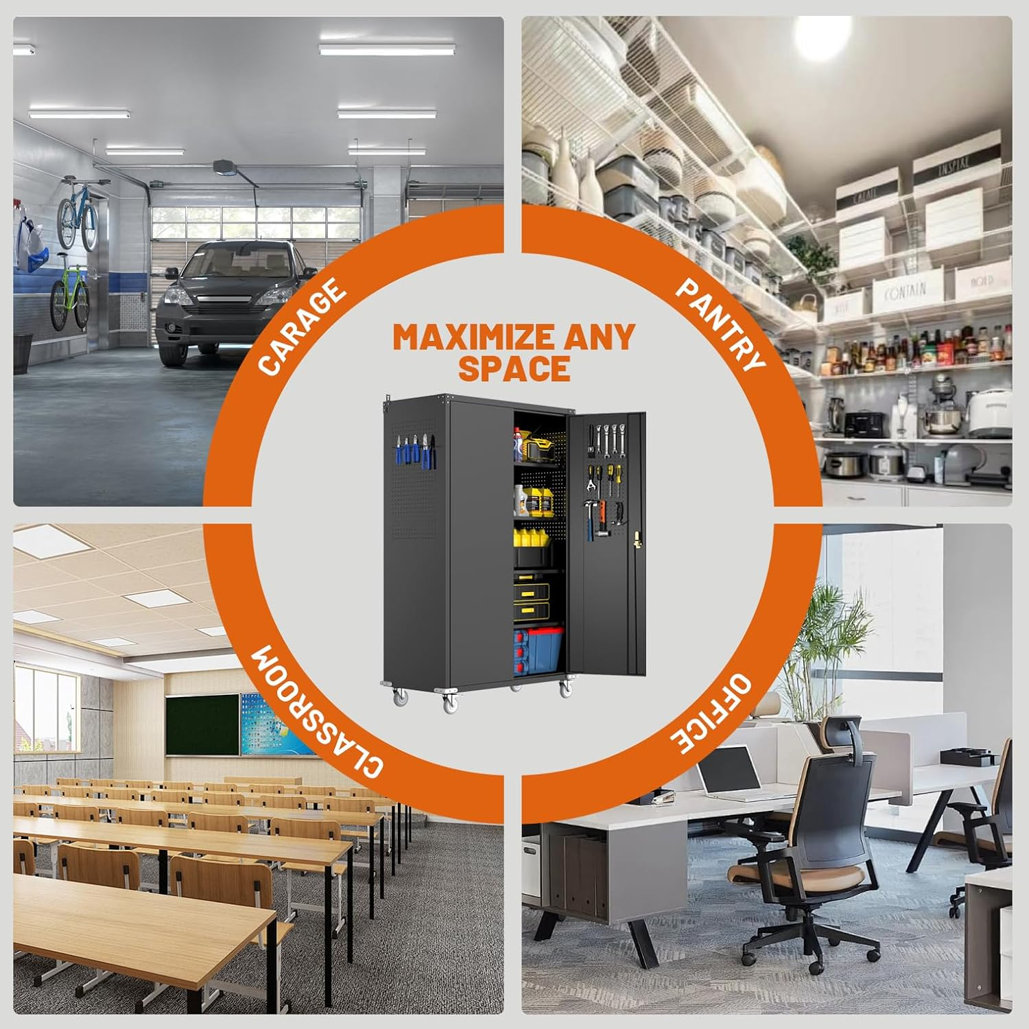 72"H Rolling Metal Storage Cabinet - With Pegboards & Shelves