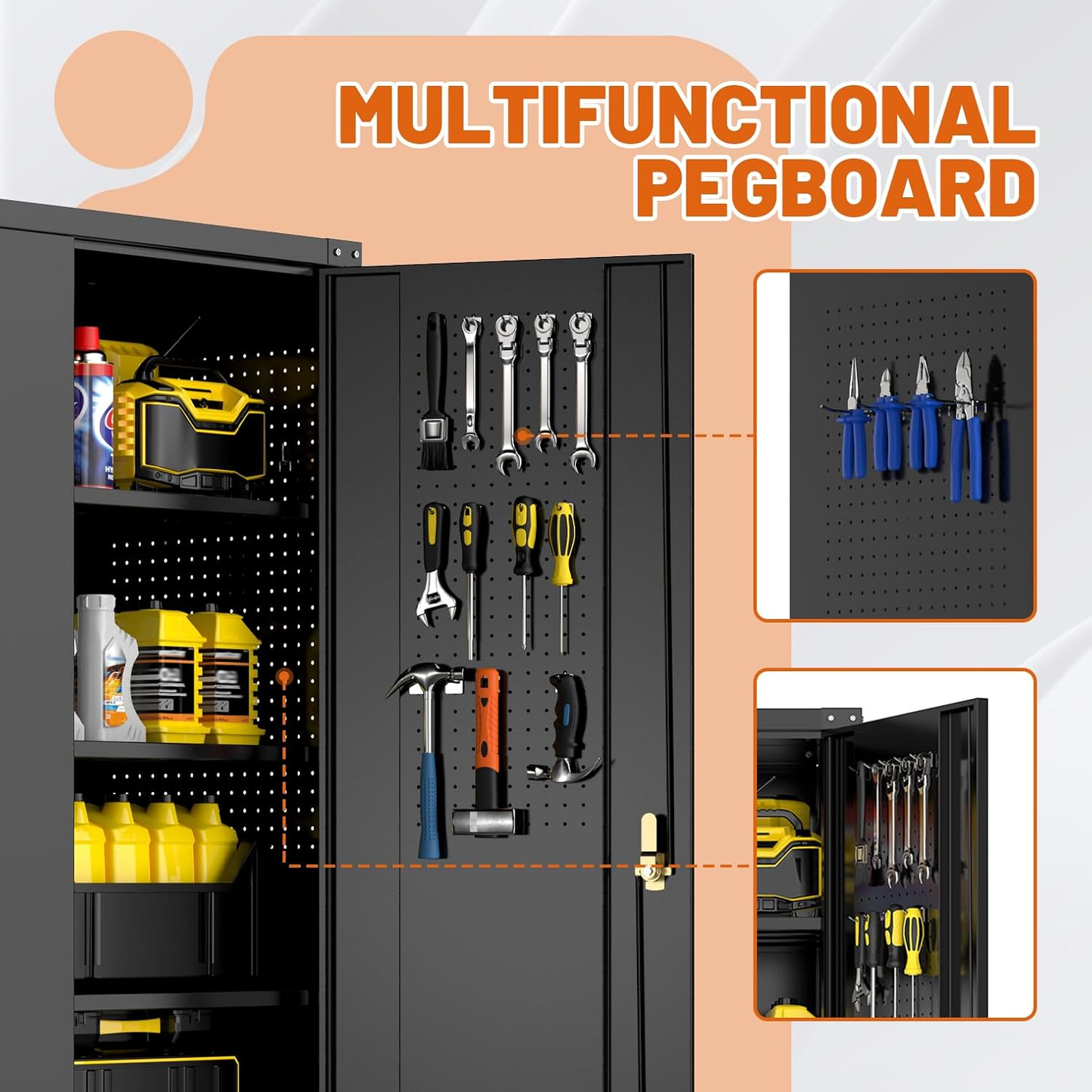 72" H Wide & Deep Garage Storage Cabinet with Wheels & Pegboards, Locking Metal Storage Cabinet with Doors and 4 Adjustable Shelves