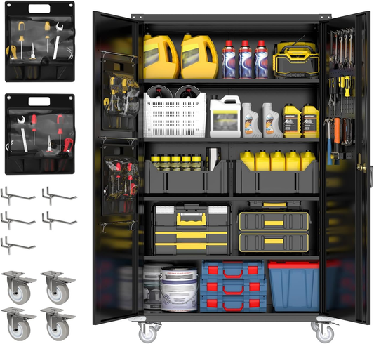 72" H Wide & Deep Garage Storage Cabinet with Wheels & Pegboards, Locking Metal Storage Cabinet with Doors and 4 Adjustable Shelves