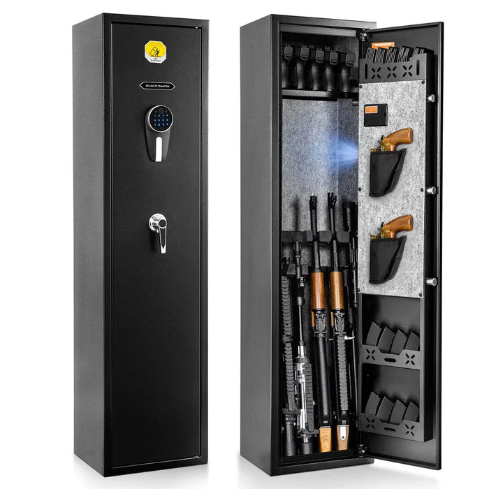 6 Long Gun Security Cabinet, 16-Gauge Alloy Steel Rifle Safe with Digital Keypad, Vibration Alarm & LED Interior, Wall Mountable Black Safe