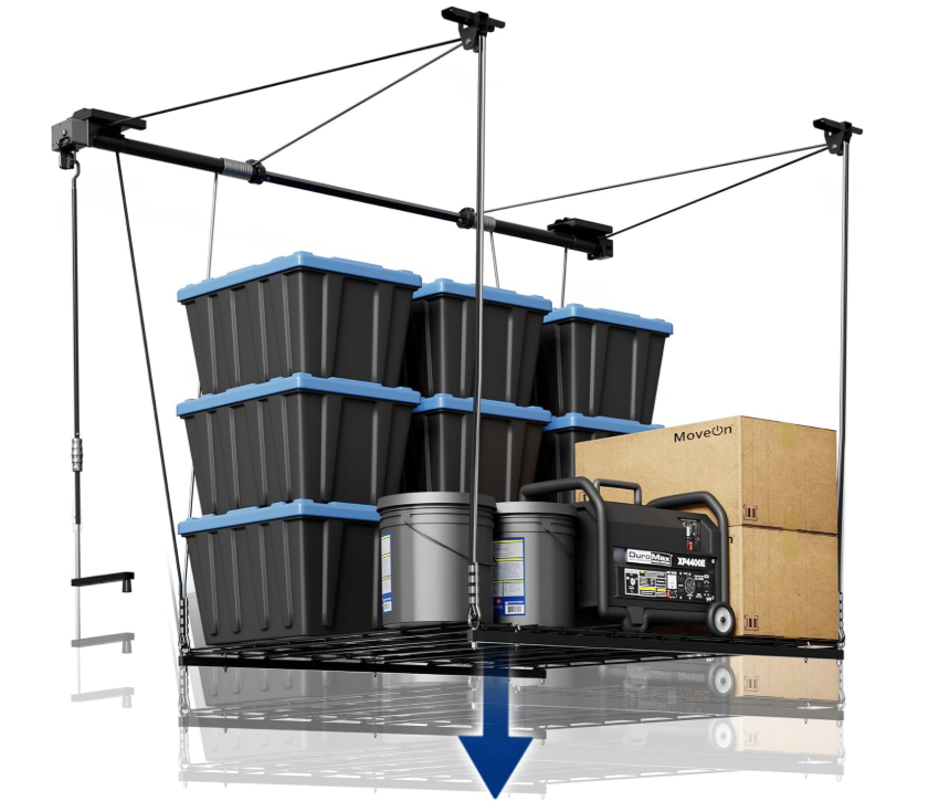 Power-Lift Overhead Garage Storage Rack – 4ft x 4ft Motorized System with Hand Crank, 300 lbs, Adjustable